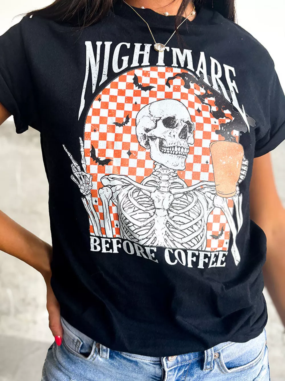 Halloween Skull Checkerboard Graphic Round Neck T-Shirt, image 6