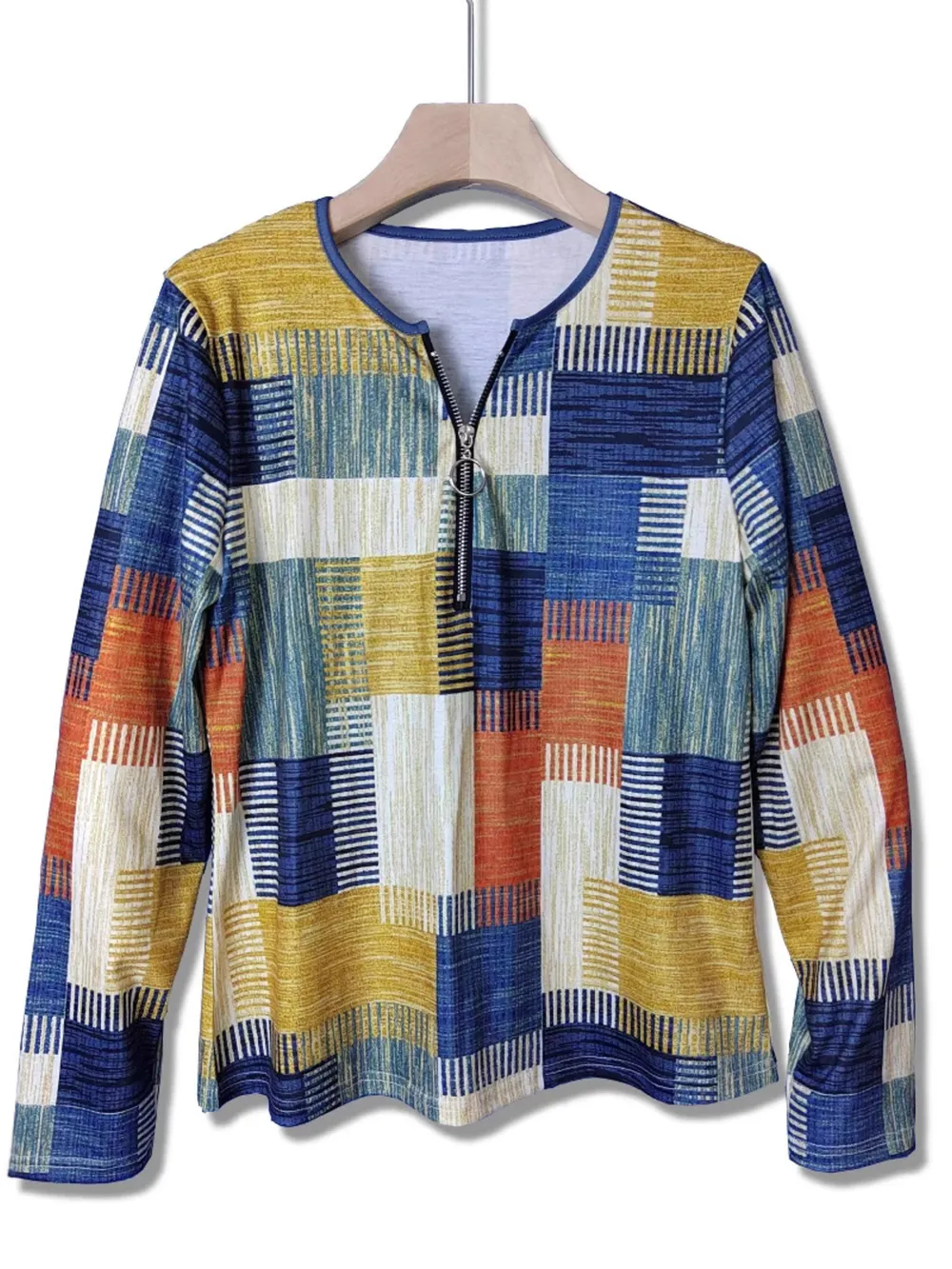 Color Block Zip Front Long Sleeve Top, image 4