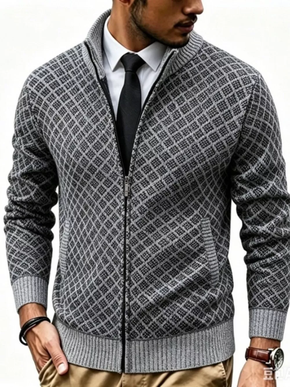 Men's Plus Size Geometric Patterned Full-Zip Cardigan, image 3