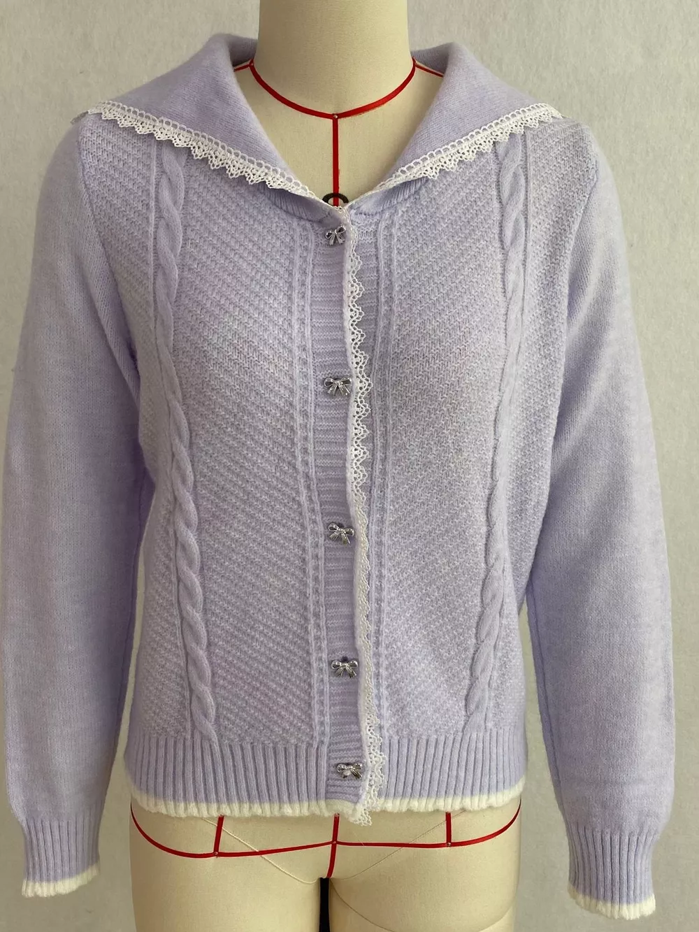 Cable-Knit Cardigan with Lace Trim, image 5