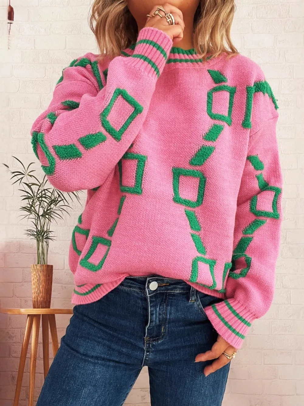 Contrast Round Neck Long Sleeve Sweater, image 6