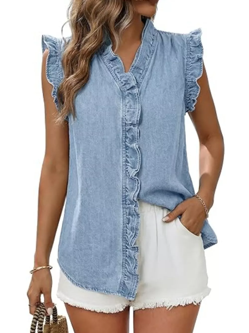 Ruffle Trim V-Neck Sleeveless Denim Top, image 8