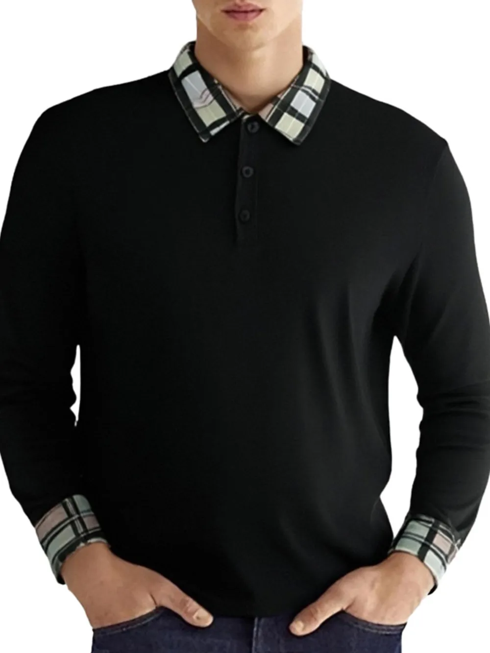 Men's Long Sleeve Plaid Collar Polo Shirt