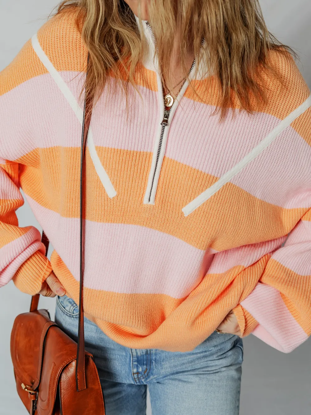 Stripe Color Block Half Zip Oversize Sweater, image 7