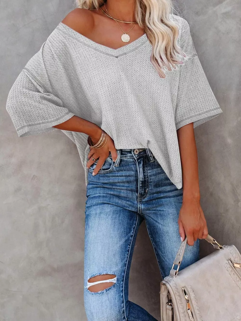 Waffle Knit V-Neck Short Sleeve T-Shirt, image 7