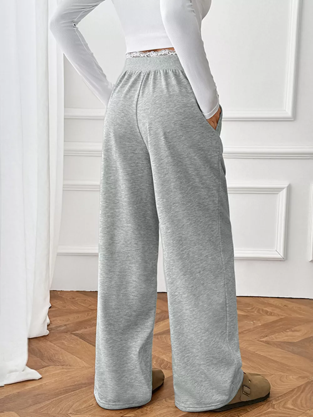 Lace Detail Wide Leg Casual Pants, image 9