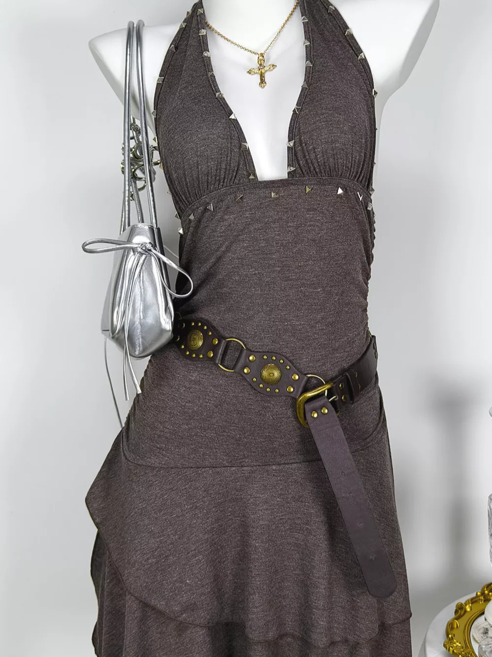 Studded Halter Neck Ruffle Hem Mini Dress, image 3