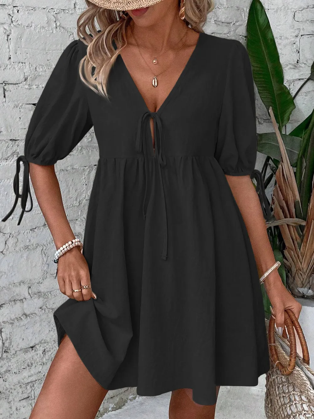 V-Neck Tie-Front Mini Dress with Puff Sleeves, image 12