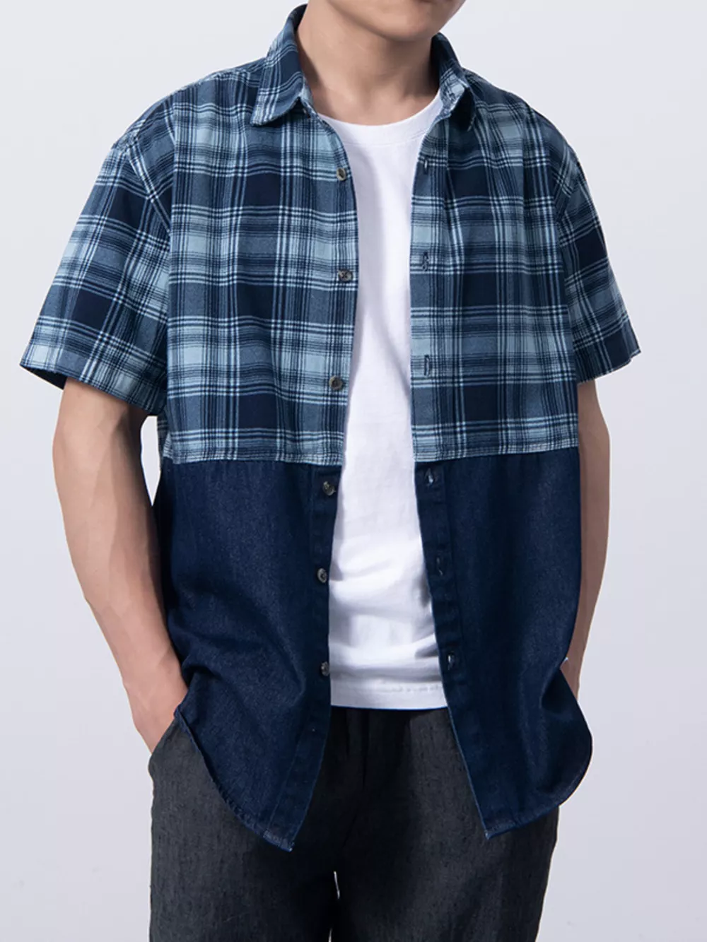 Men's Plus Size Plaid Color Block Short Sleeve Shirt