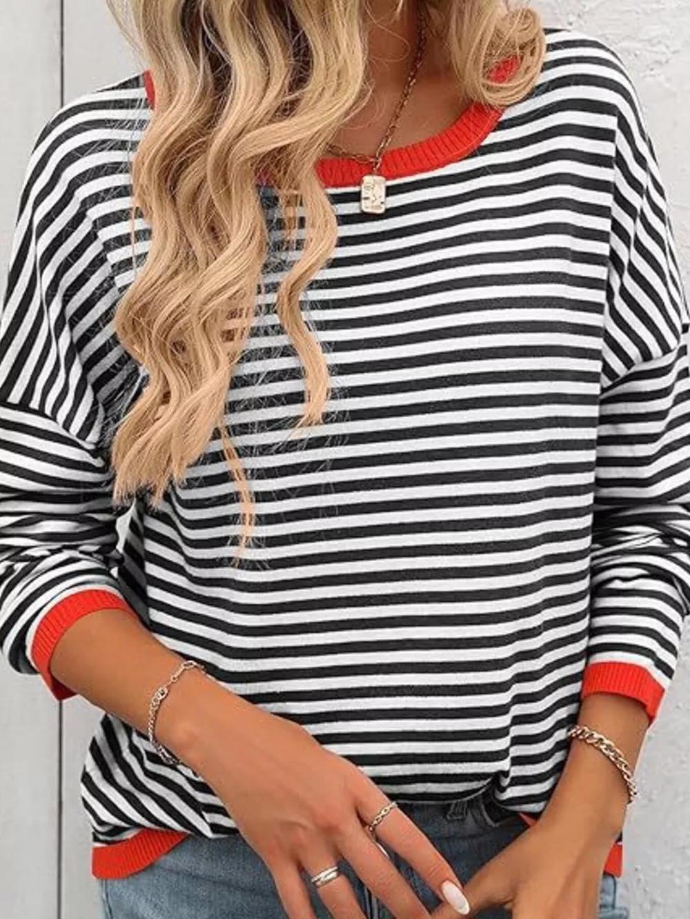 Plus Size Contrast Striped Long Sleeve Sweater, image 3