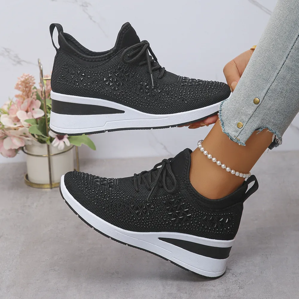 Breathable Mesh Rhinestone Wedge Athletic Sneakers, image 3