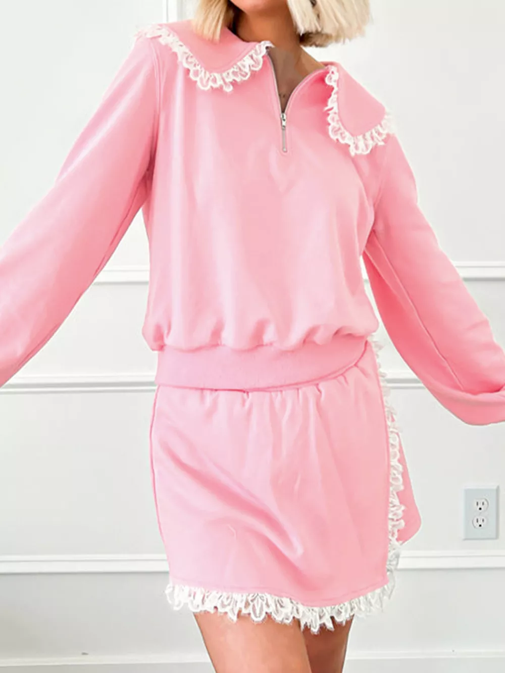 Peter Pan Lace Embellished Neck Sweatshirt and Skirt Two Piece Set