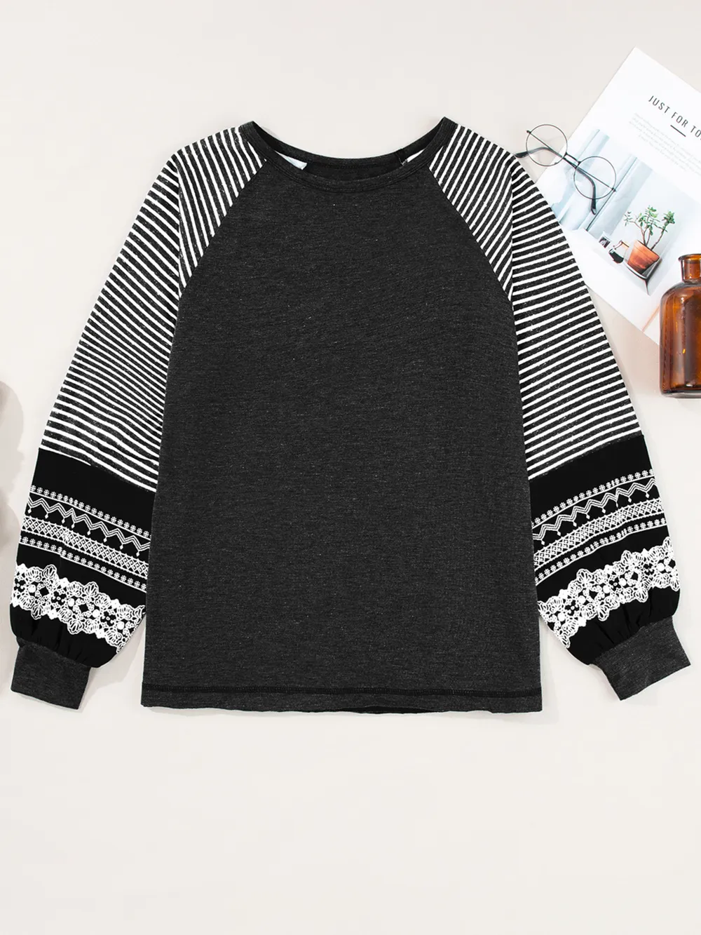 Contrast Print Striped Raglan Long Sleeve Loose Top, image 14