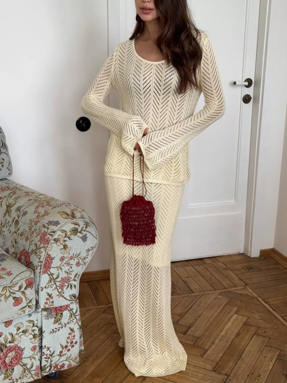 Openwork Long Sleeve Knit Top and Skirt Set, image 5