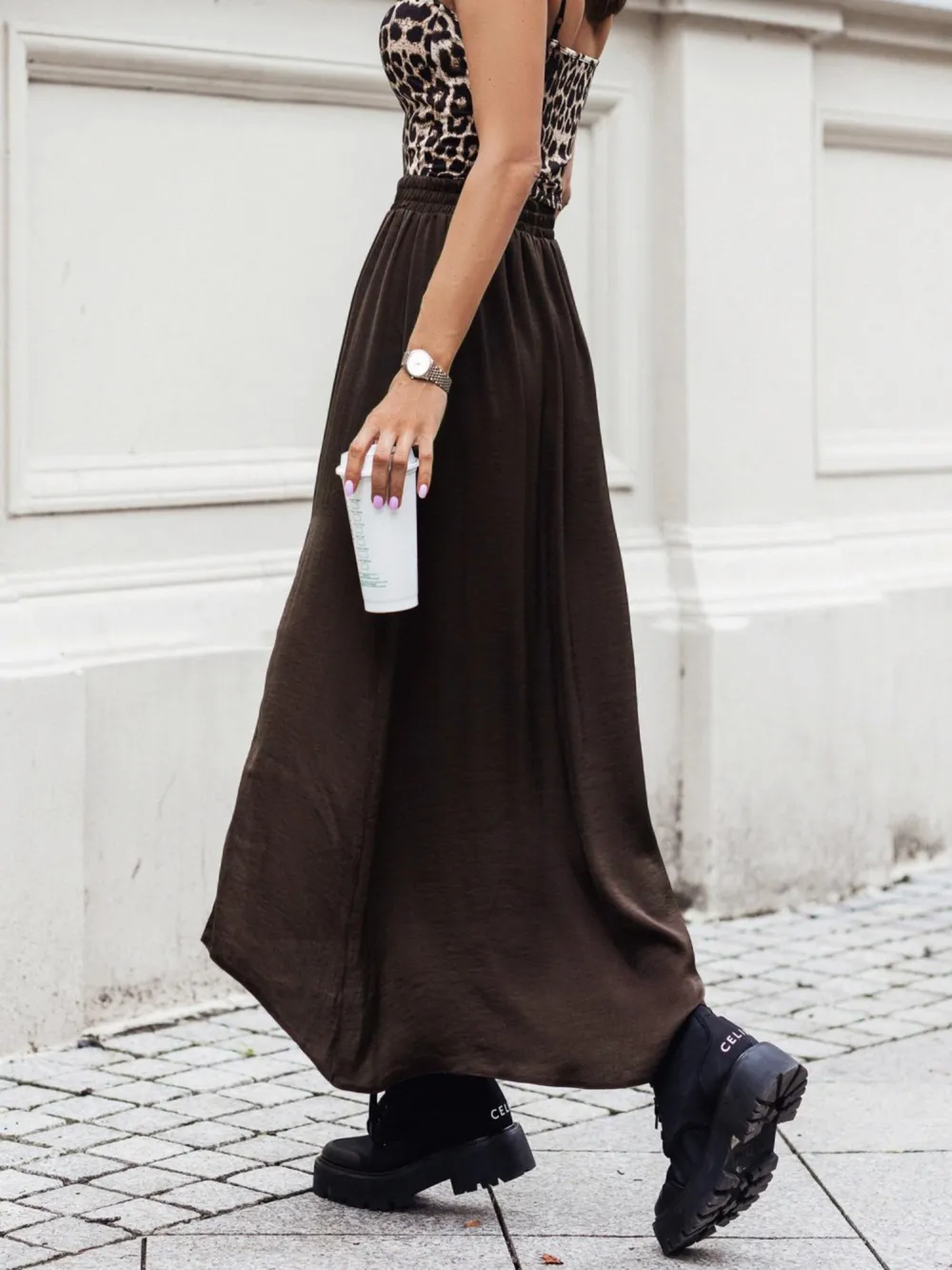 Elastic Waistband High-Slit Maxi Skirt, image 5