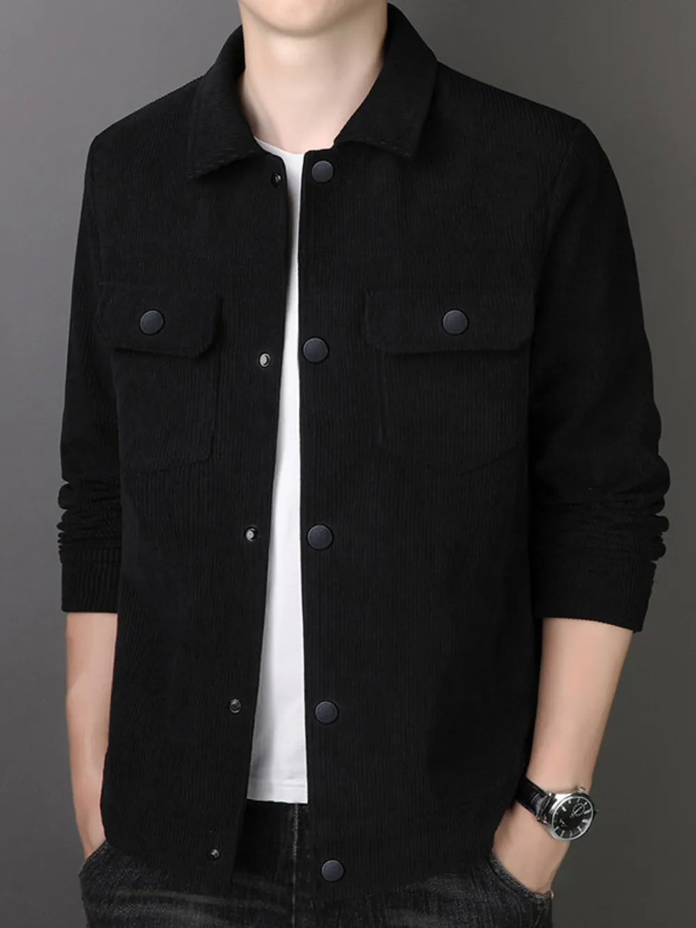Men's Plus Size Casual Corduroy Button-Down Jacket, image 5