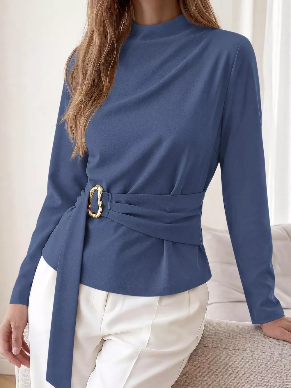 Mock Neck Blouse with Waist-Defining Metal Buckle Detail, image 11