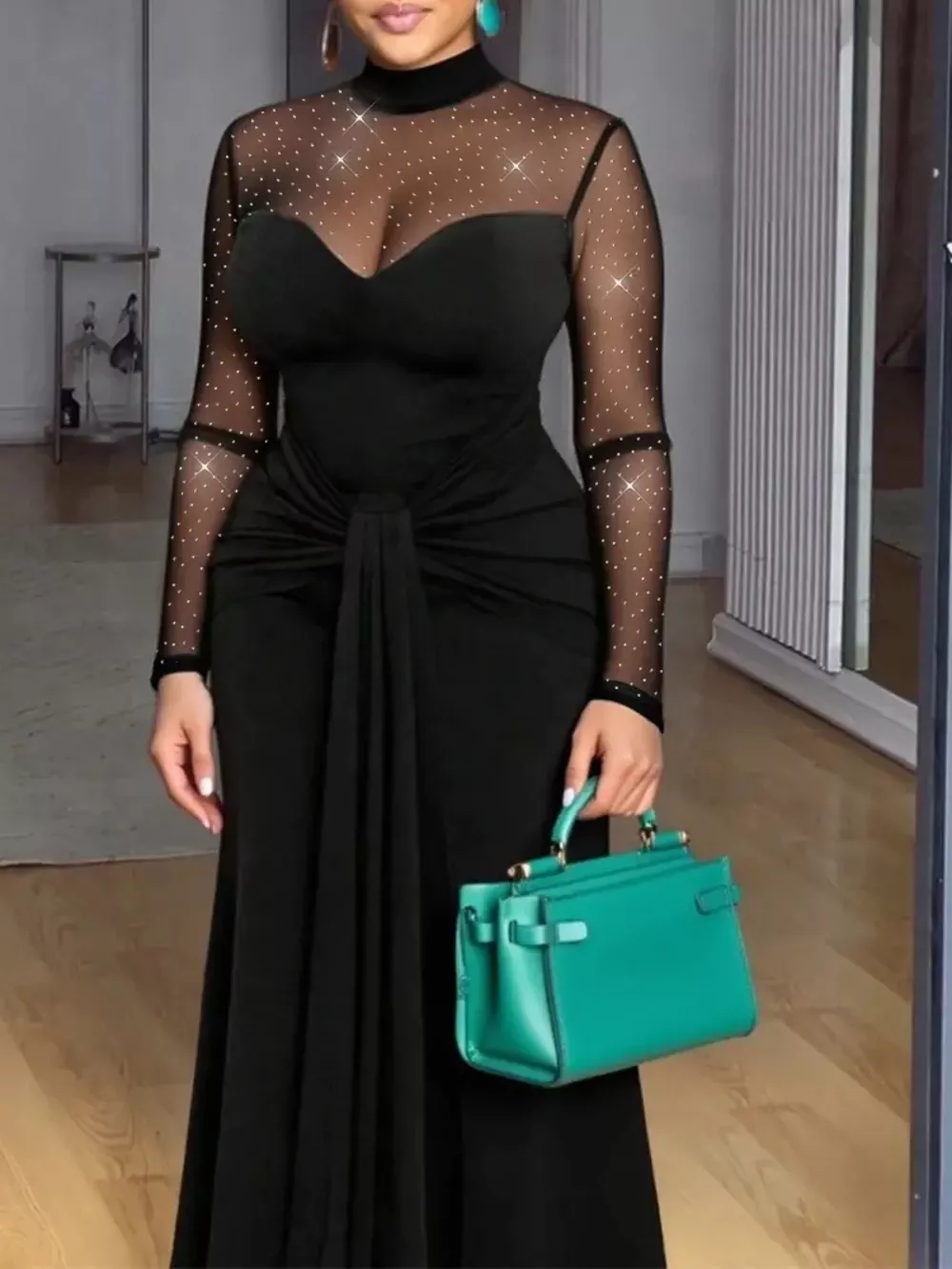 Mesh Mock Neck Long Sleeve Maxi Dress, image 4