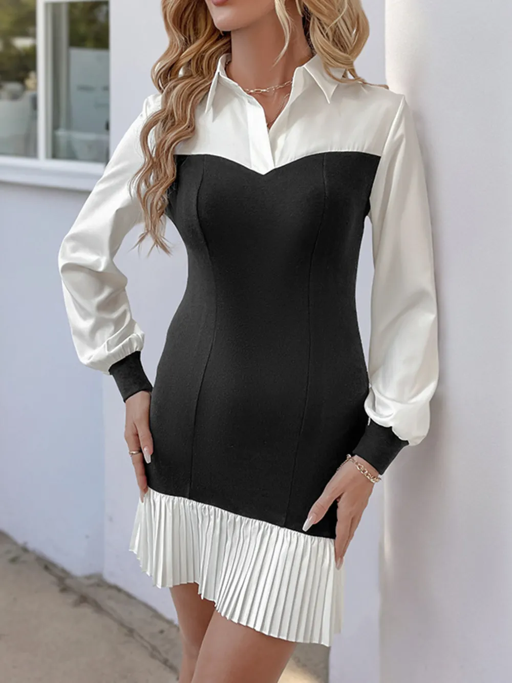 Two Tone Pleated Long Sleeve Shirt Dress, image 6