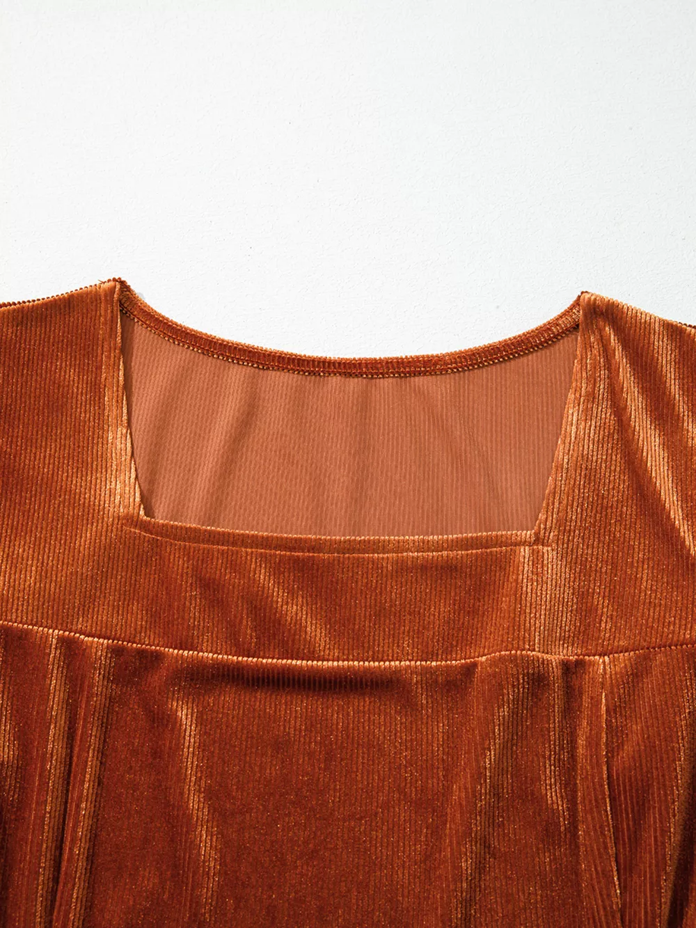 Velvet Ribbed Texture Square Neck Slim Puff Sleeve Top, image 5