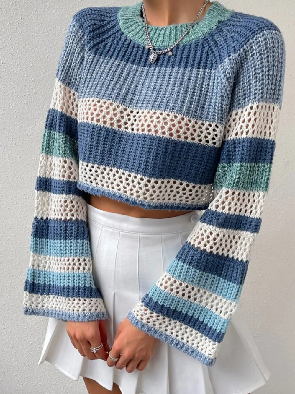 Openwork Striped Color Block Crop Sweater, image 3