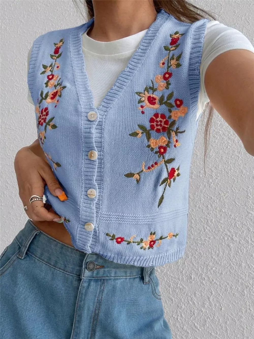 Embroidered Button Up Sweater Vest, image 9