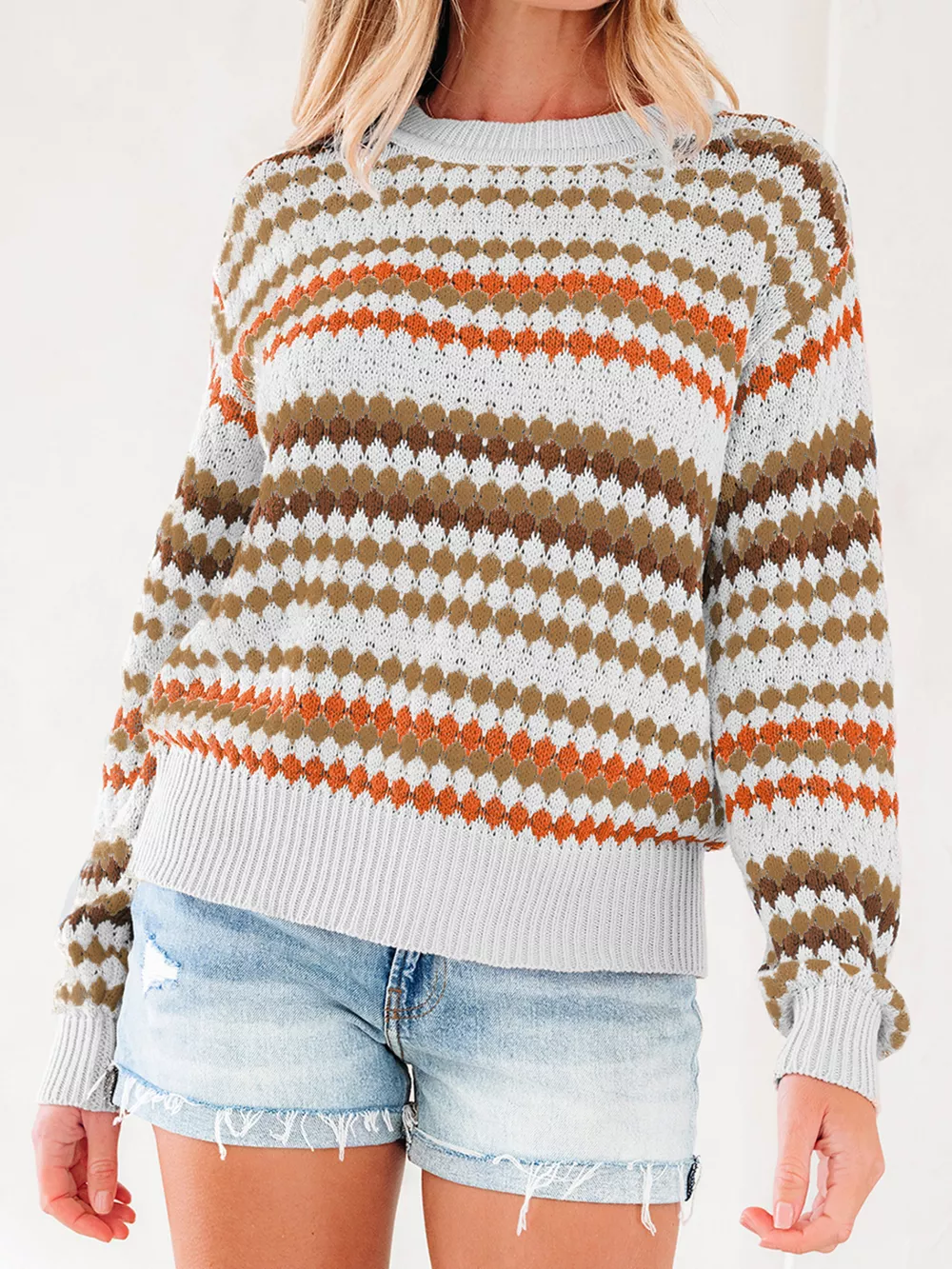 Stripe Eyelet Patterned Drop Shoulder Sweater, image 6