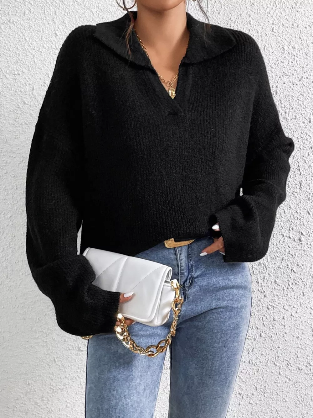 Ribbed Knit Dropped Shoulder Sweater
