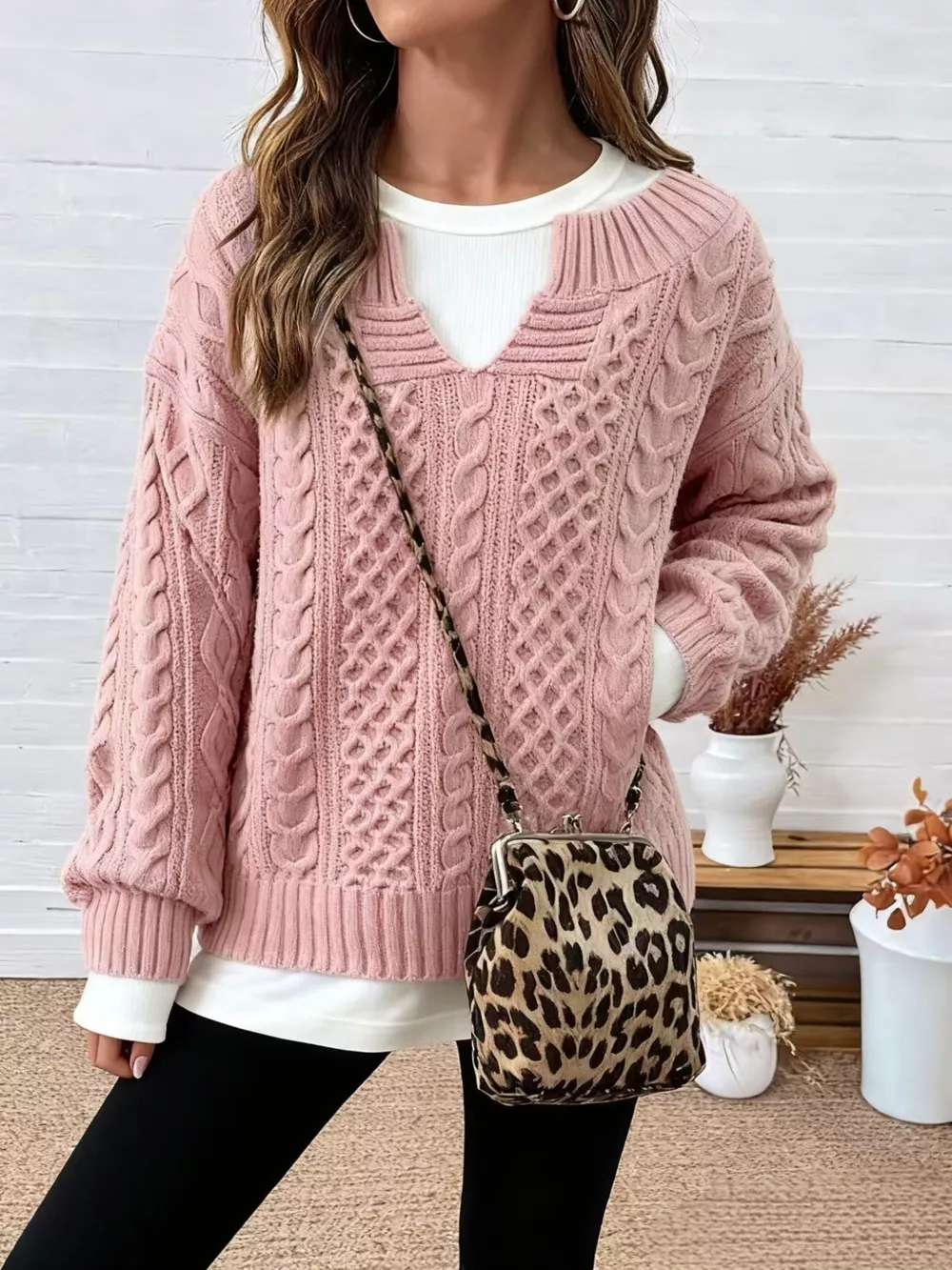 Full Size Cable Knit Dropped Shoulder Sweater Plus Size, image 9