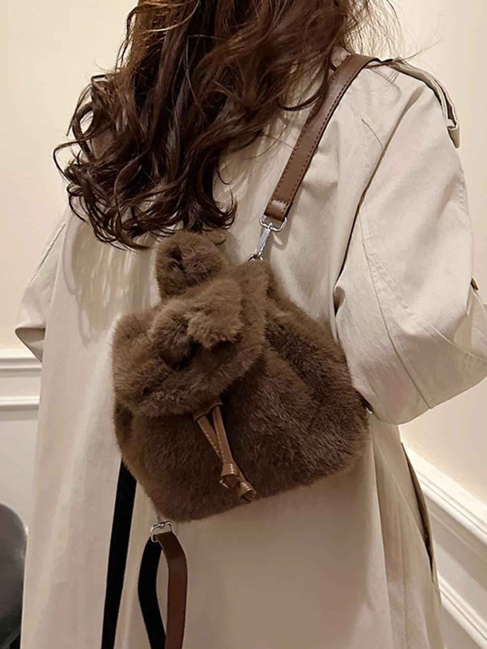 Fuzzy Plush Drawstring Backpack Bag, image 11