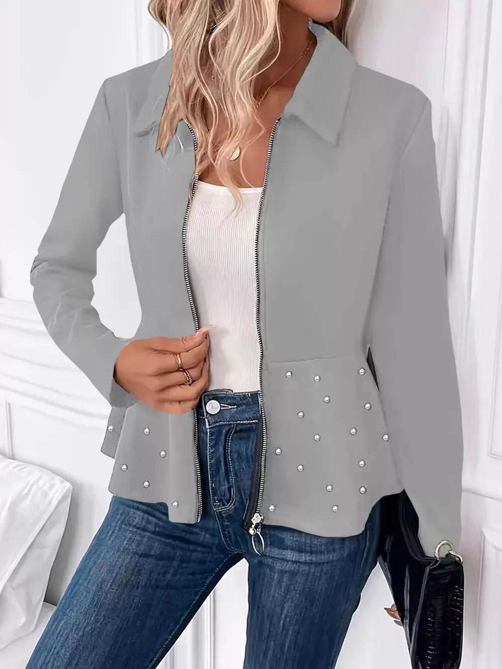 Pearl Embellished Zip-Up Peplum Outerwear, image 10