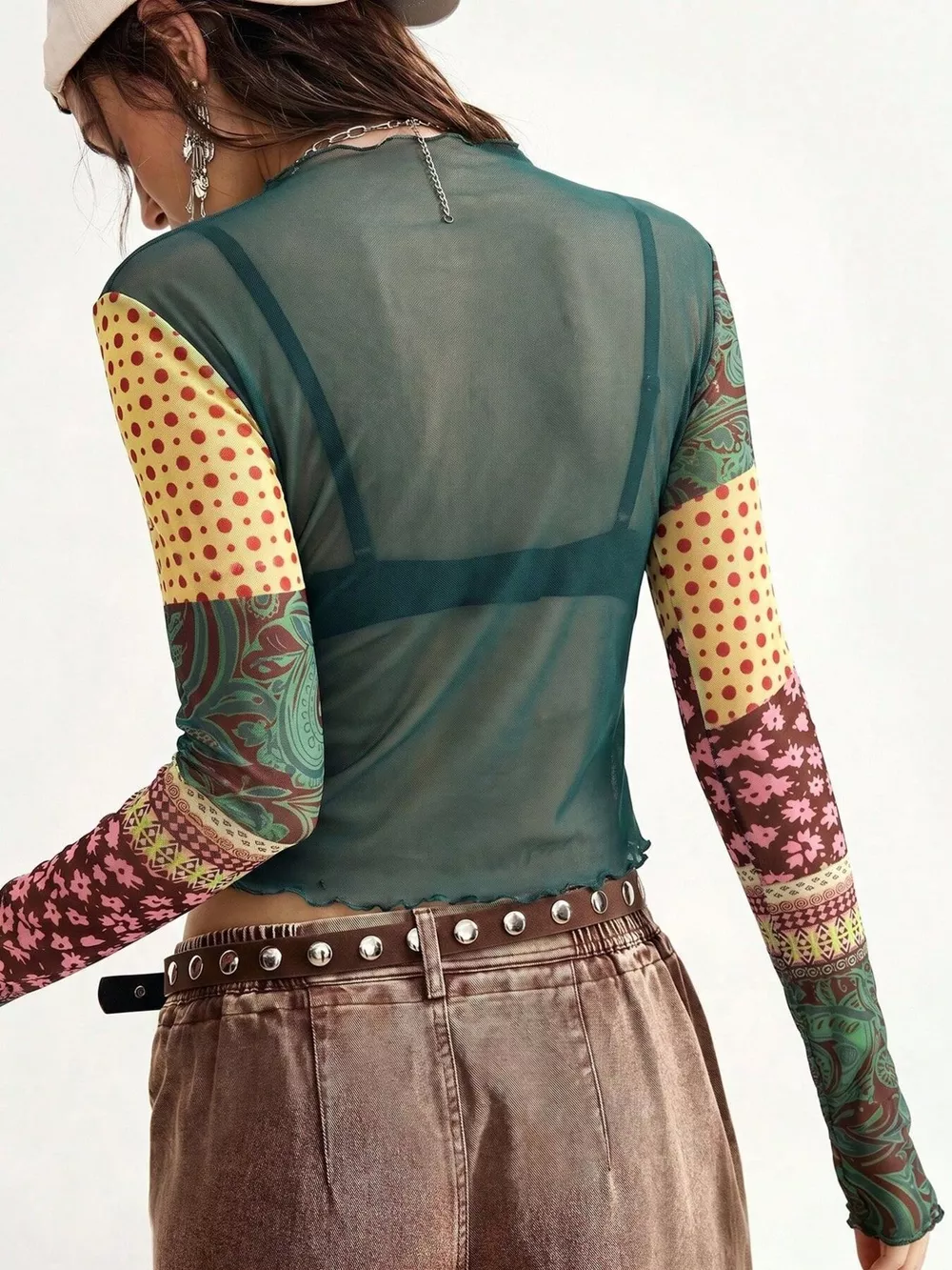 Floral Print Mesh Mock Neck Long Sleeve Top, image 9