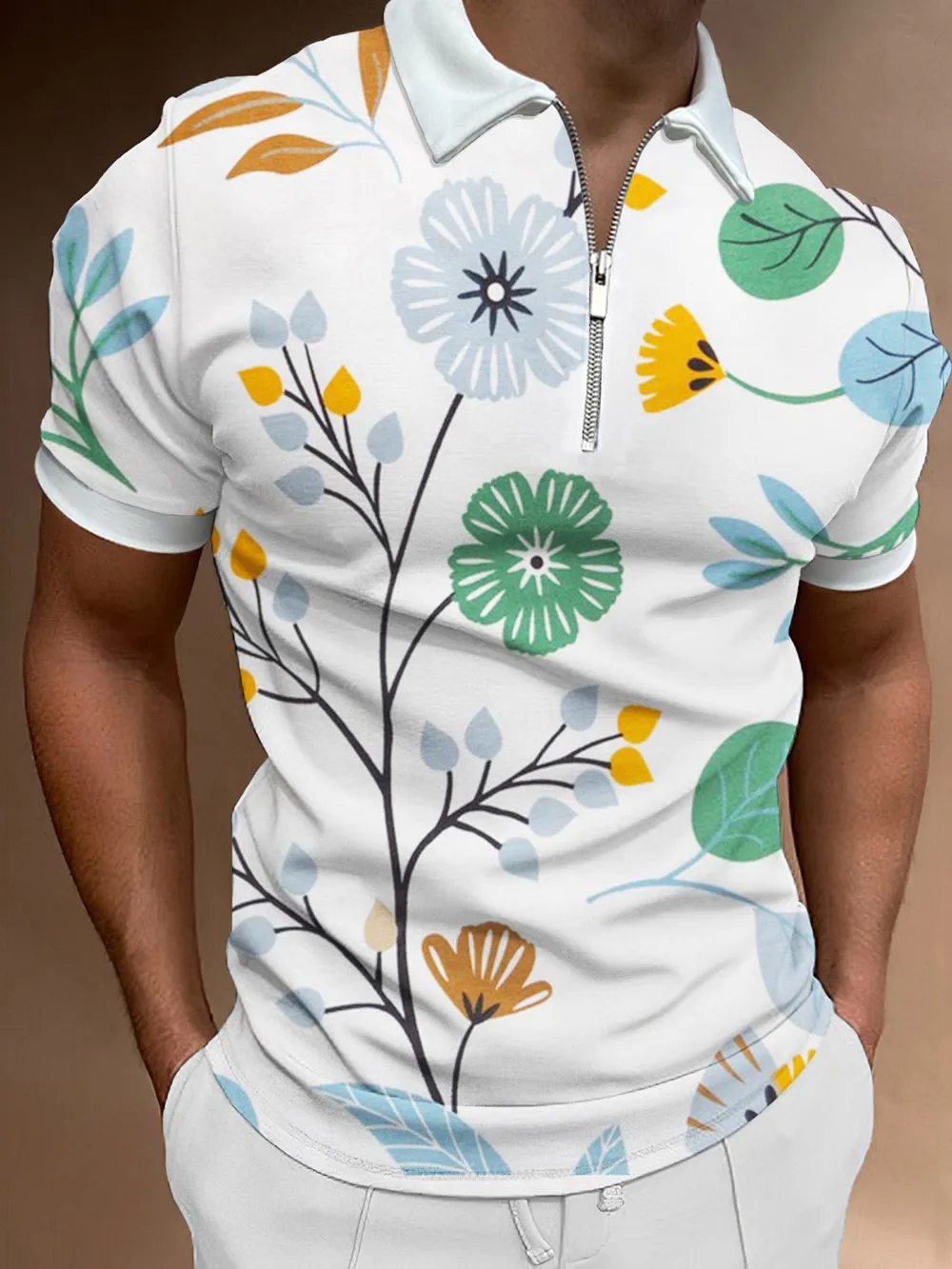 Men's Full Size Floral Print Zip-Up Polo Plus Size, image 4
