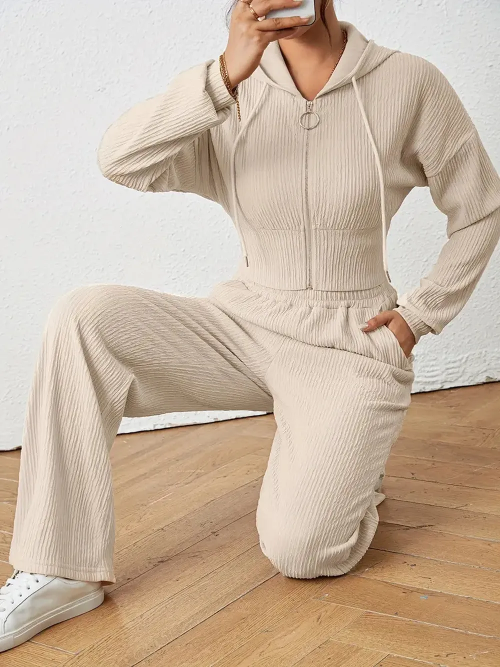 Drawstring Zip Up Hooded Top and Pants Set, image 4