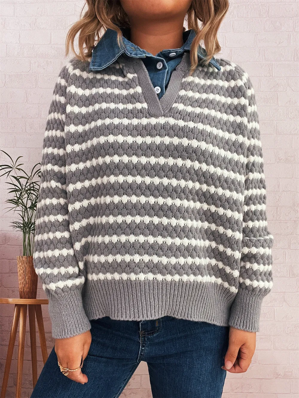 Contrast Striped Sweater with Denim Collar, image 15