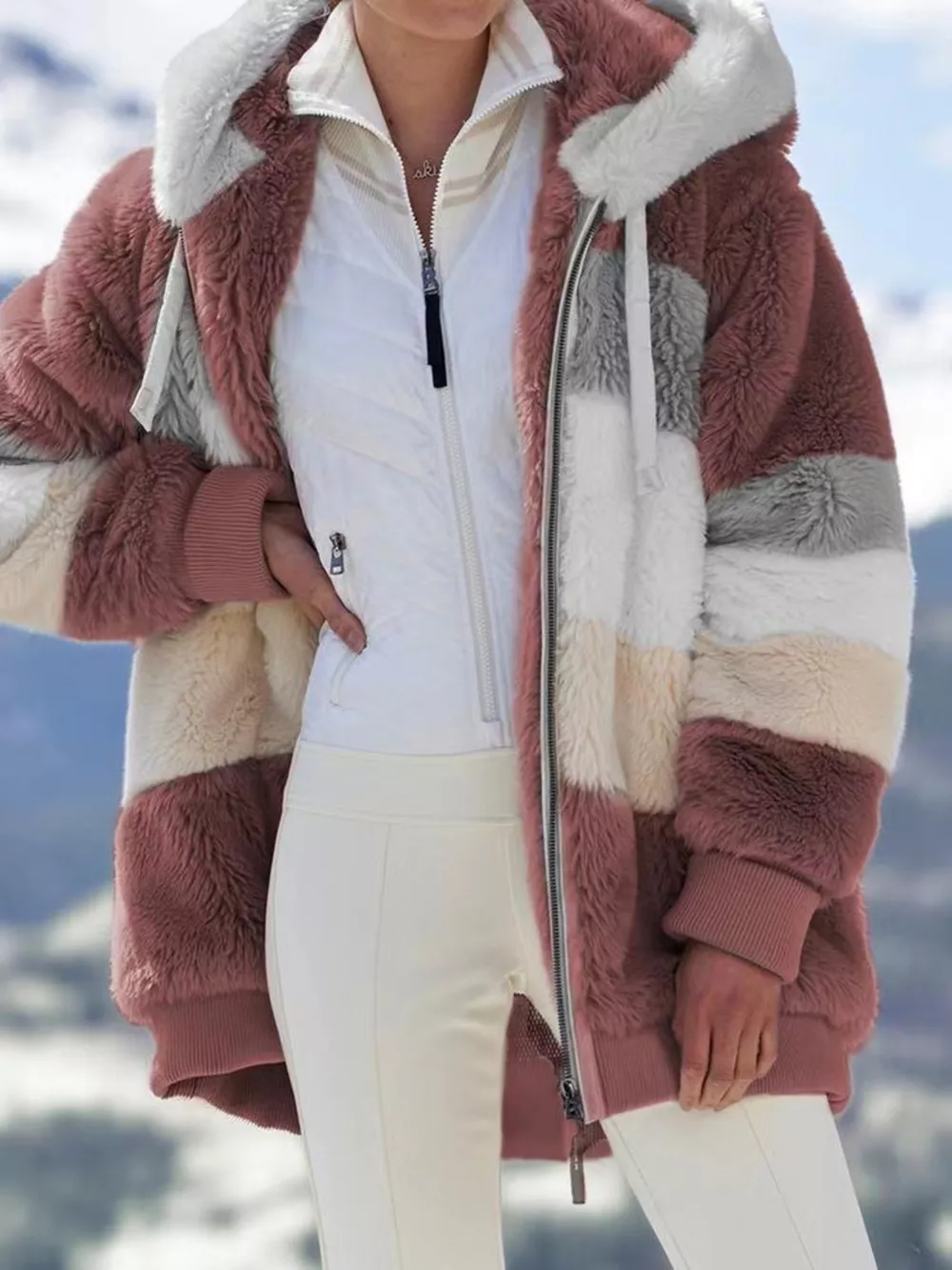 Full Size Fuzzy Zip Up Hooded Outerwear Plus Size, image 13