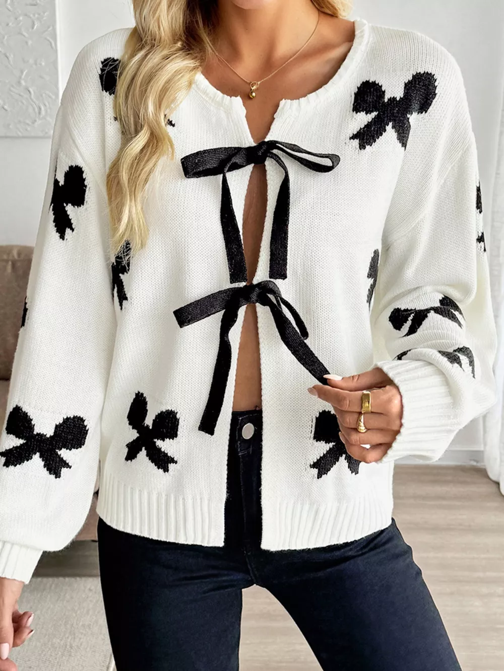 Tie Front Bow Pattern Cardigan, image 6