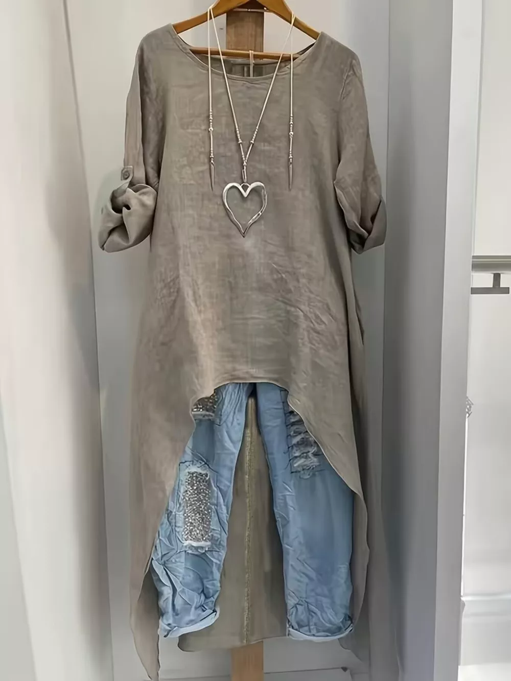 High-Low Hem Roll-Up Sleeves Blouse, image 2