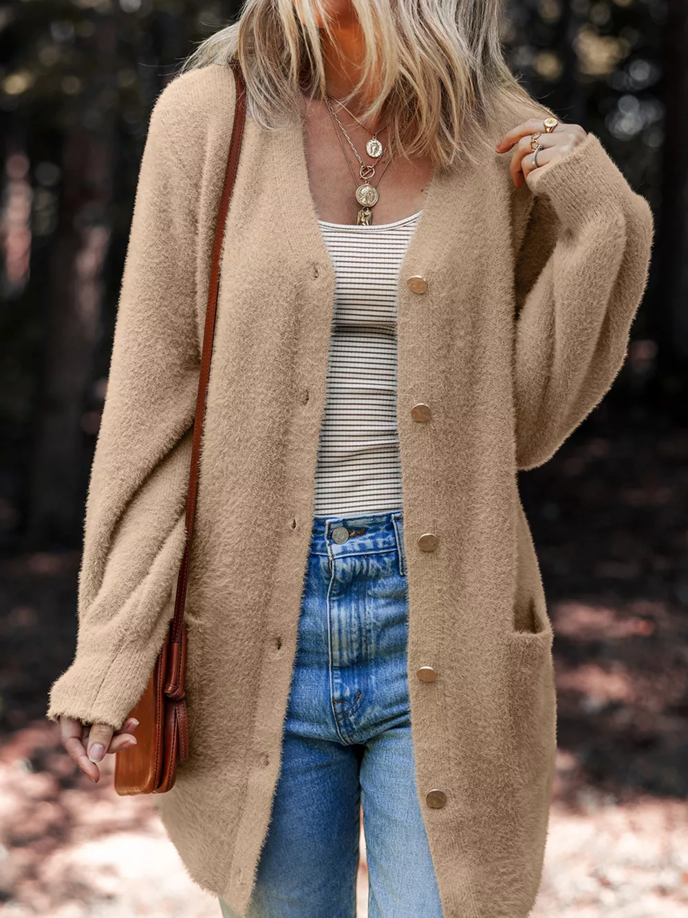 Fuzzy Buttoned Front Cardigan with Pockets, image 3