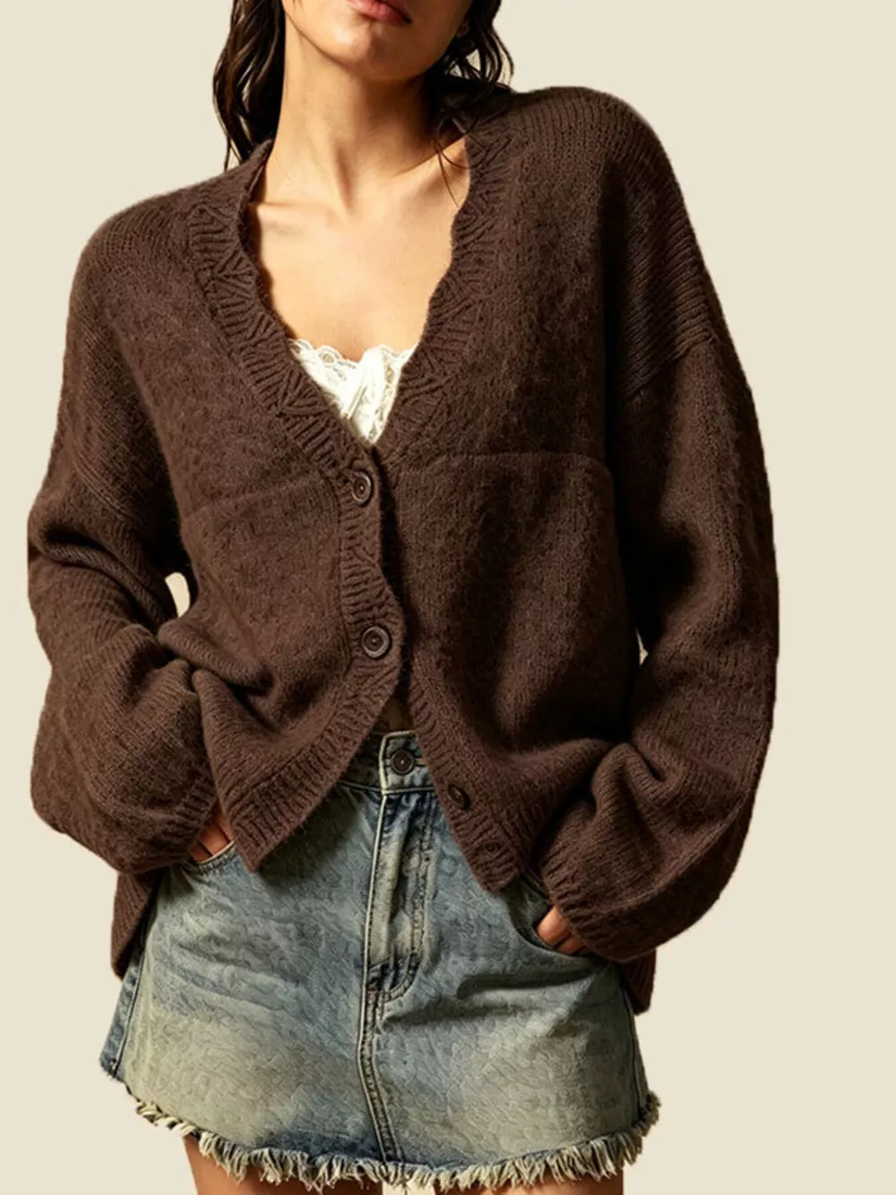 V-Neck Button-Down Knit Cardigan, image 7