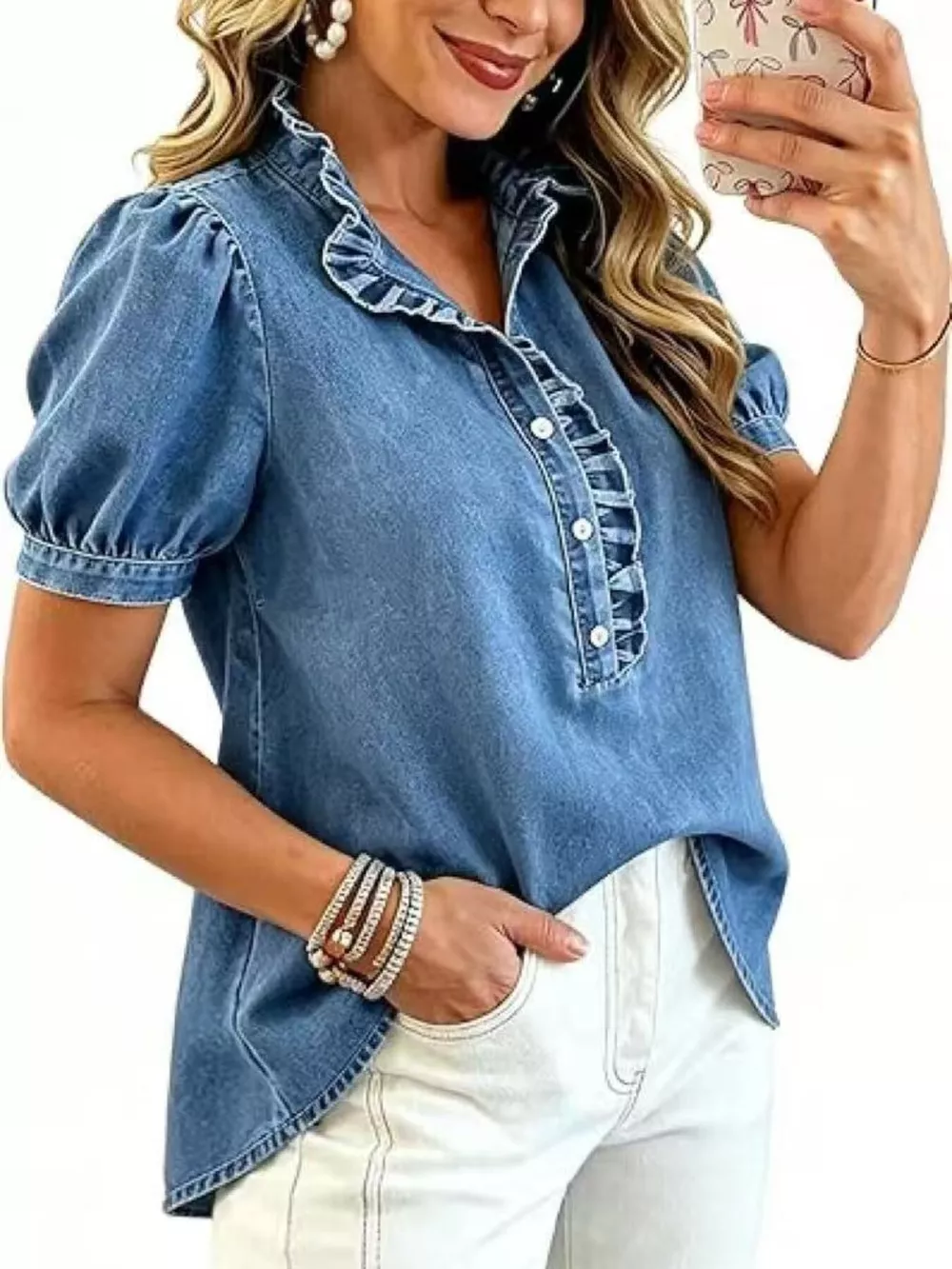 Frill Puff Sleeve Denim Top, image 8