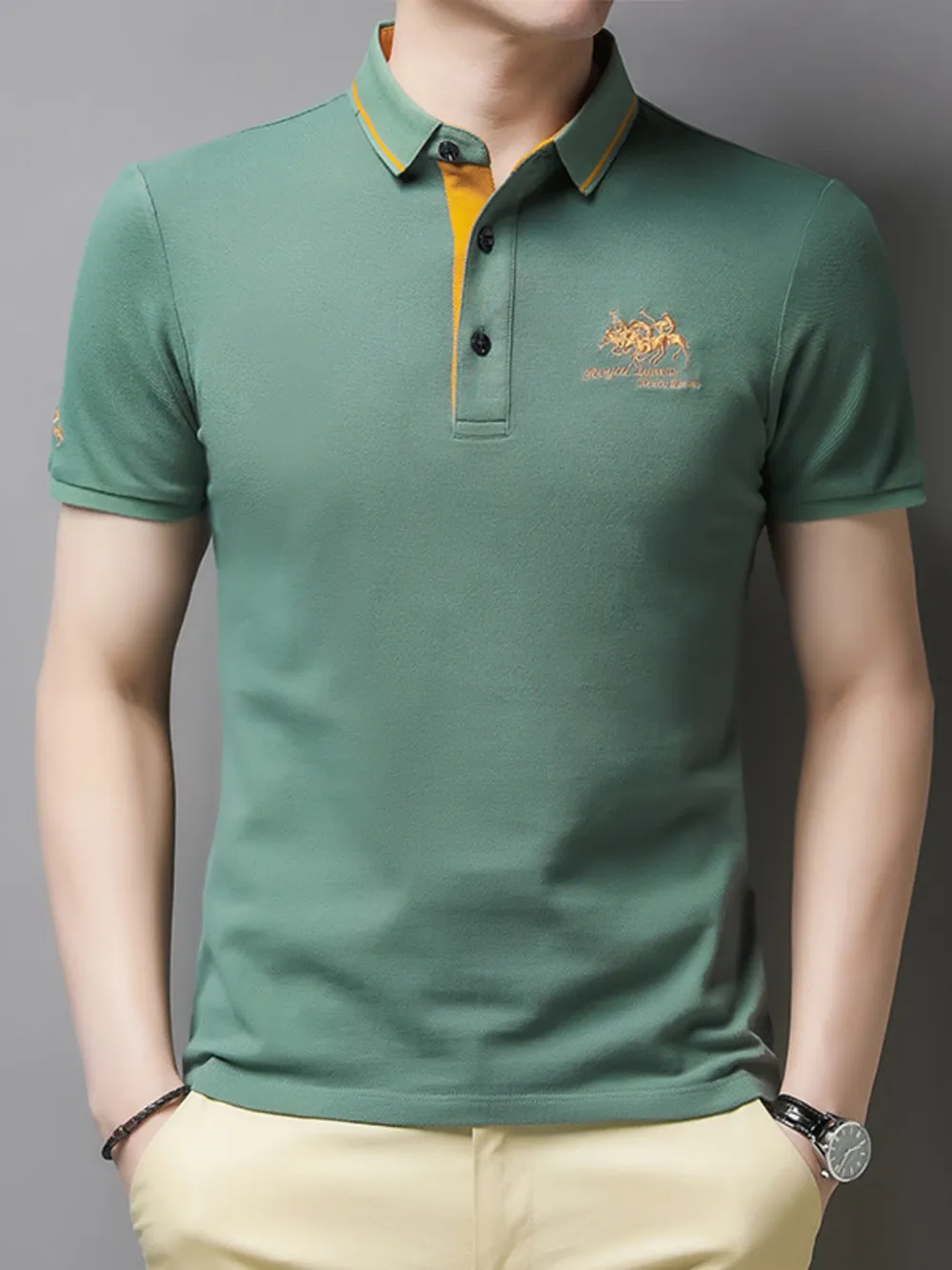 Men's Plus Size Embroidered Short Sleeve Contrast Polo, image 3