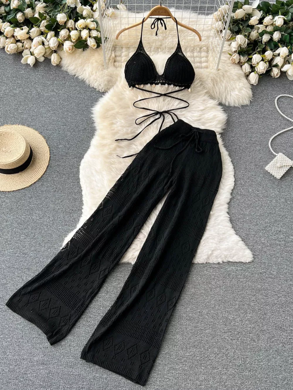 Crochet Knit Halter Neck Top and Wide Leg Pants Set