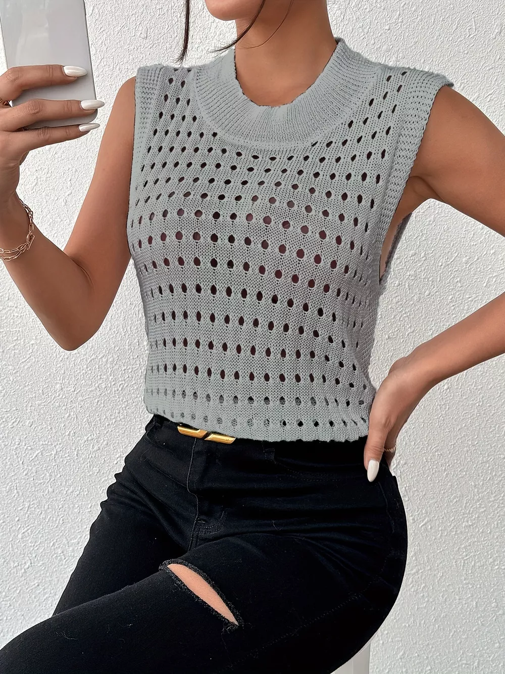 Hollow Out Round Neck Knit Tank, image 21