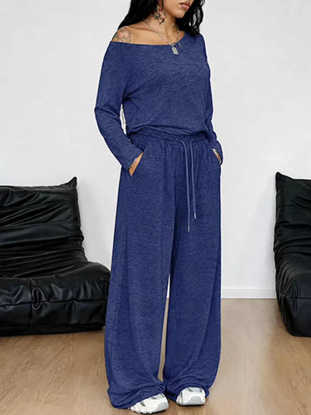 Full Size Comfortable Loose Fit One-Shoulder T-Shirt and Pants Set Plus Size, image 10