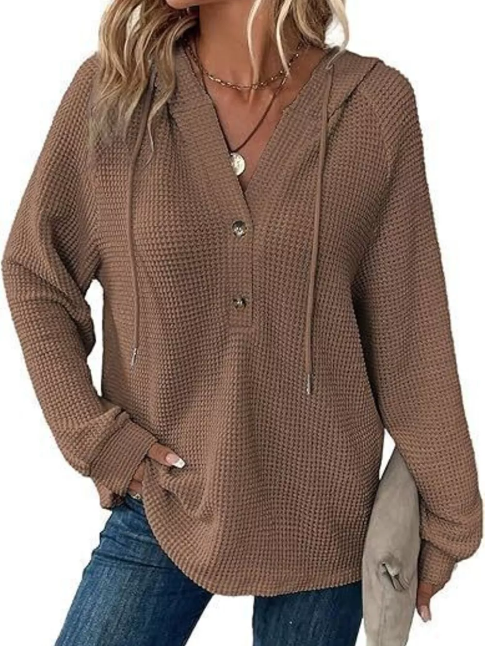 Full Size Waffle Knit Half-Button Hoodie Plus Size, image 7