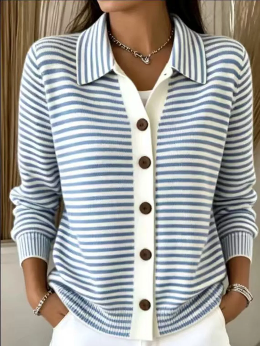 Striped Collared Button-Down Knit Cardigan, image 2