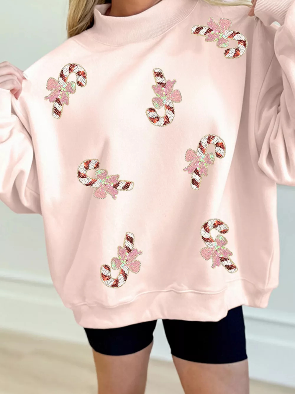 Sequin Candy Cane Ribbed Mock Neck Christmas Sweatshirt, image 3