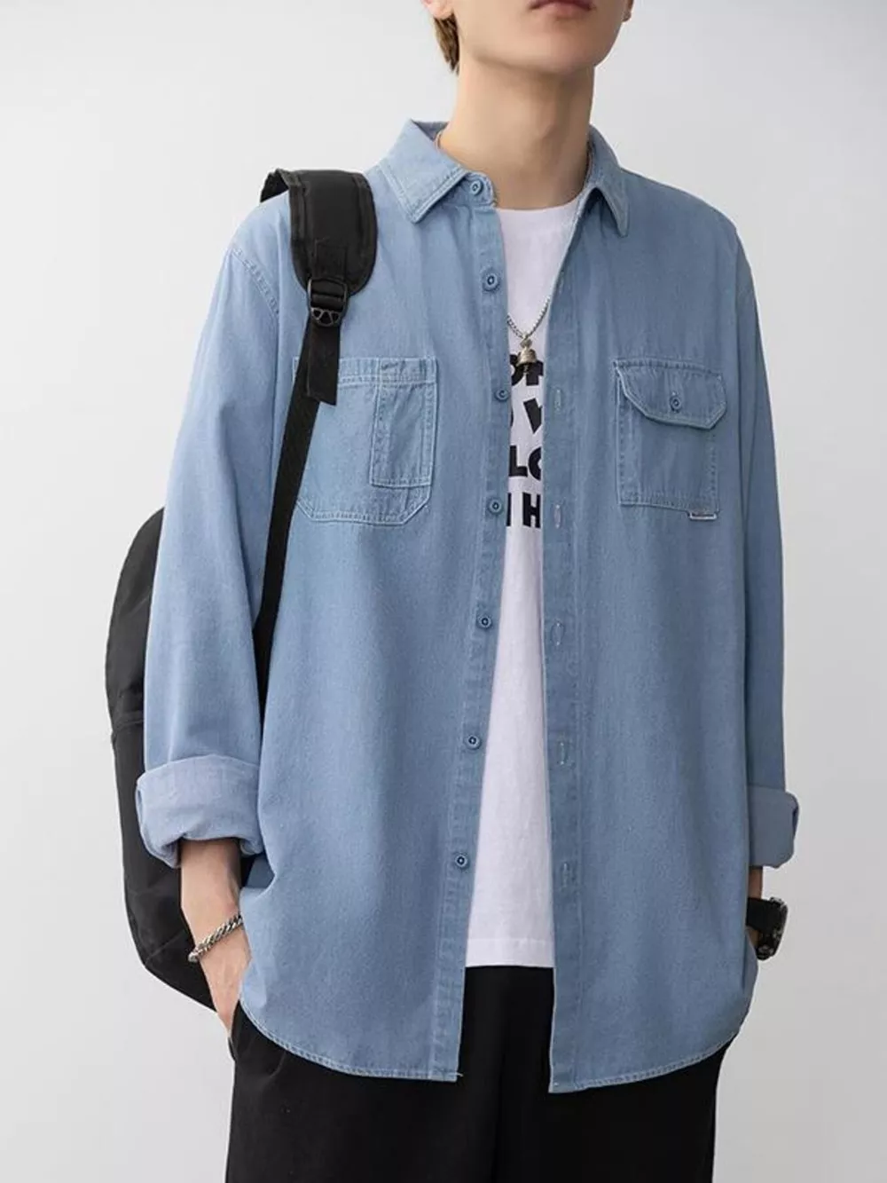 Men's Plus Size Casual Long Sleeve Denim Shirt, image 4