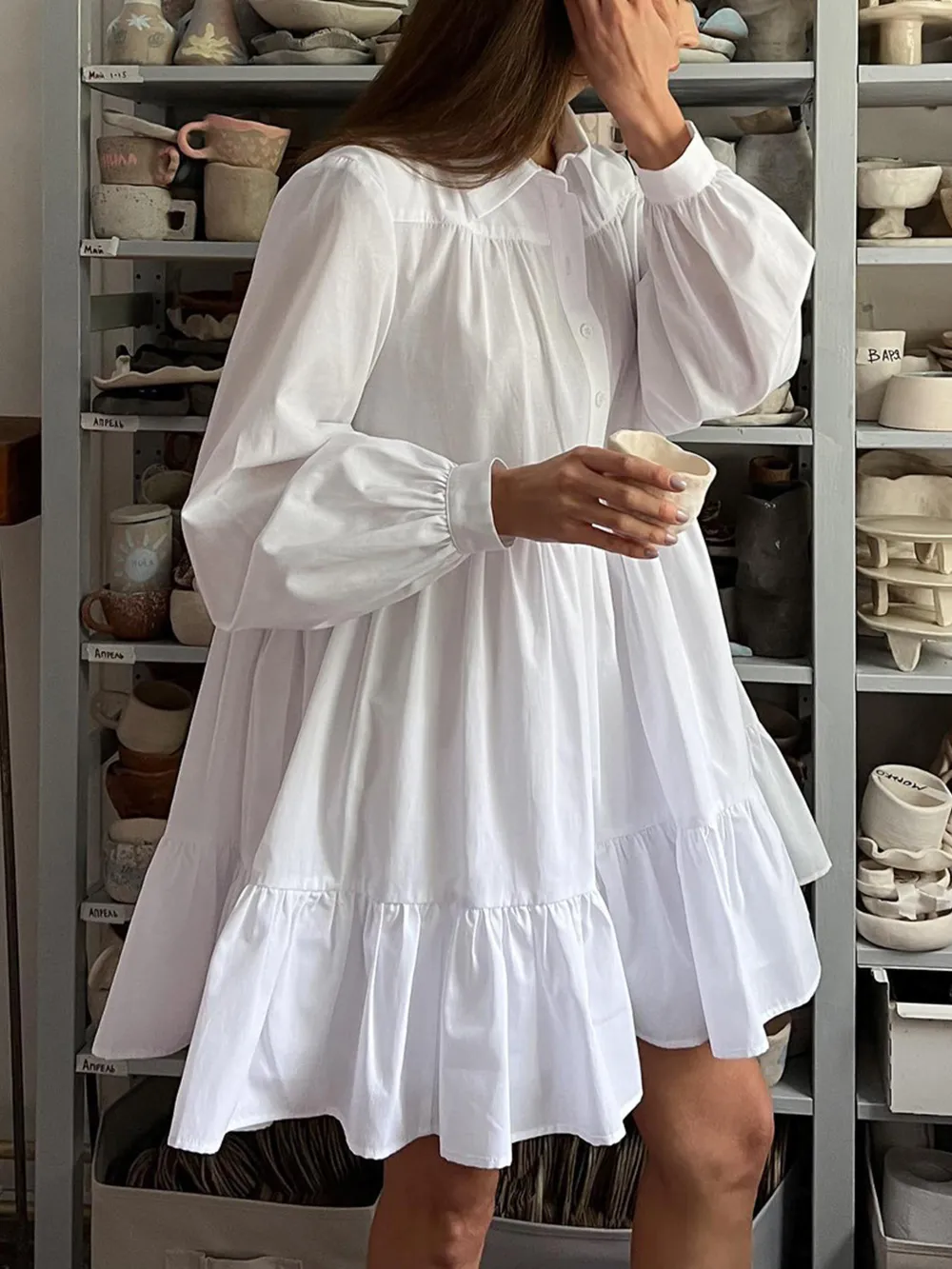 Tiered Long Sleeve Shirt Dress, image 9